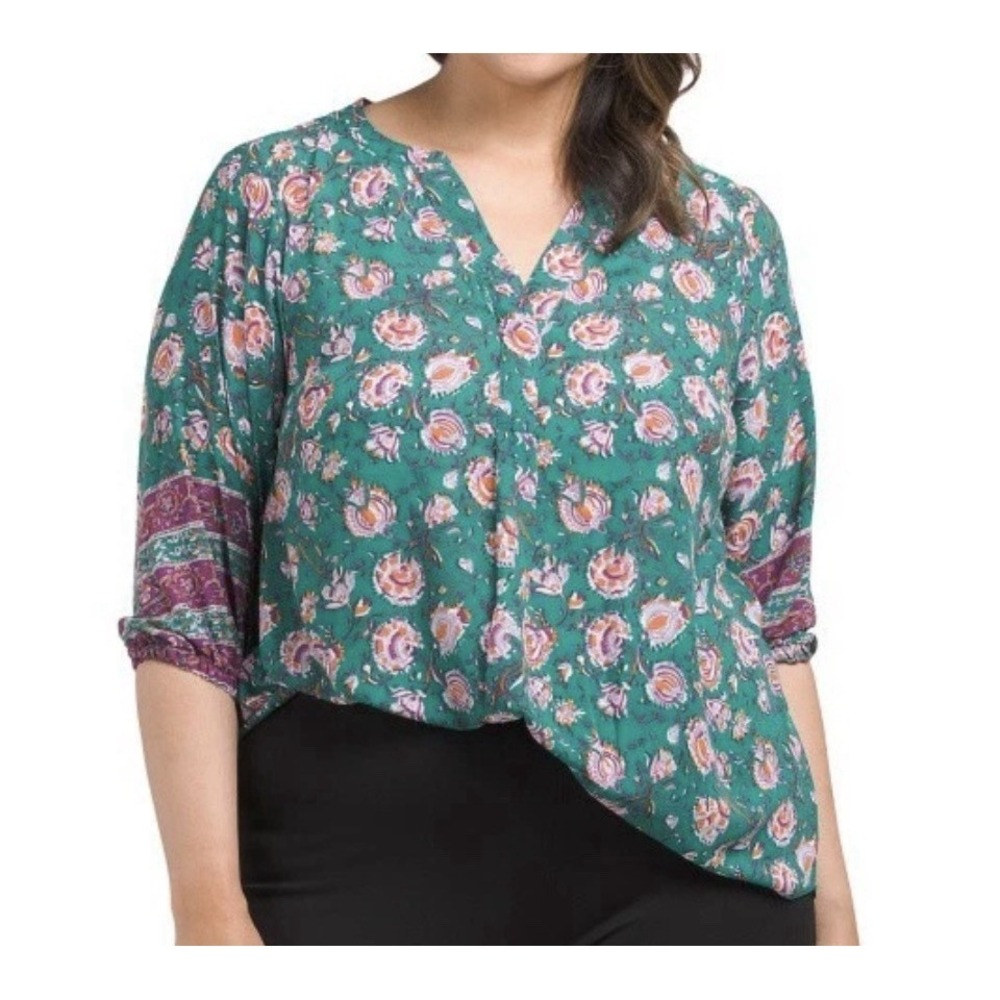 Tahari Plus Size 1X Boho‎ Floral Popover Blouse Green Tunic Work Office Top NWT